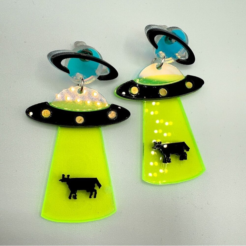 Alien Cow Spaceship Earrings - Neon Green and Black - Acrylic Earrings Pierced